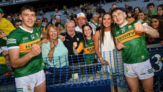 David, left, and Paudie Clifford of Kerry with family, including mother Ellen, father Dermot, and sister Shelly, after the GAA Football All-Ireland Senior Championship Final match between Kerry and Galway at Croke Park in Dublin. 