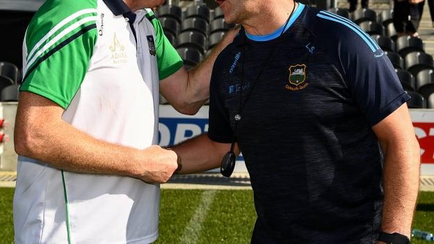 Tipperary manager, Liam Sheedy, congratulates Limerick manager, John Kiely, after the Munster SHC Final. 









