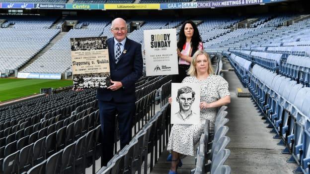 Pictured here at the launch of the Museum’s B100DY Sunday centenary events series are, from left, Uachtarán Chumann Lúthchleas Gael John Horan, Director of the GAA Museum Niamh McCoy and GAA Museum Events Manager, Julianne McKeigue, a descendent of Tipperary footballer Michael Hogan who was killed during the Bloody Sunday attack.