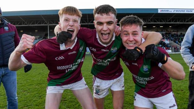 Portarlington players from left Rioghan Murphy, Ronan Coffey and Jake Foster celebrate after the AIB Leinster GAA Football Senior Club Championship Quarter-Final match between Portarlington and St Loman's at MW Hire O’Moore Park in Portlaoise, Laois. 