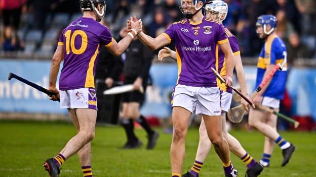 Brian Sheehy of Kilmacud Crokes, right, team-mate Caolan Conway celebrate after their side's victory in the AIB Leinster GAA Hurling Senior Club Championship Quarter-Final match between Kilmacud Crokes and Clough/Ballacolla at Parnell Park in Dublin.
