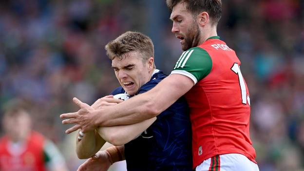 Dylan Casey, Kerry, and Aidan O'Shea, Mayo, in action at Fitzgerald Stadium. Photo by Piaras Ó Mídheach/Sportsfile