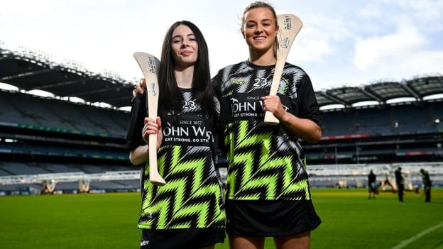 Emily Cannon of Whitehall Colmcille with John West Féile 2023 Ambassador Grace Walsh of Kilkenny at Croke Park. Eighty club sides, including a team from New York, will compete in the John West Féile na nGael National Camogie and Hurling Finals 2023 across seven venues in Connacht on Saturday, June 24. Throughout its eight-year sponsorship of Féile, John West has focused on the importance of natural nutrition in fuelling young athletes, whilst encouraging children to participate in Gaelic games. Pic: David Fitzgerald/Sportsfile.