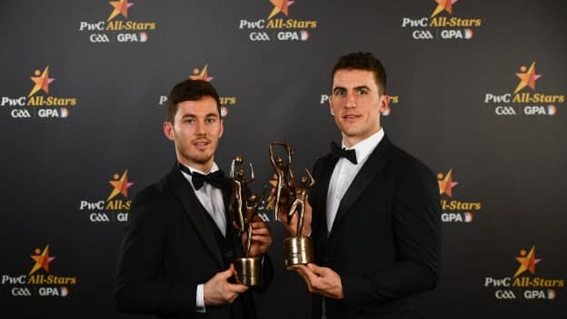 Ian Burke (l) and his first cousin Daithi Burke pictured with their 2018 PwC All-Star awards. Ian won a football All-Star, while Daithi won a hurling All-Star. 