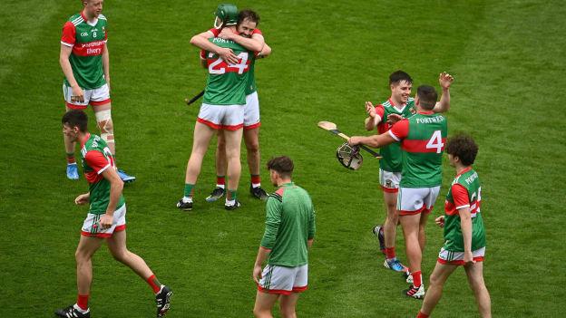 Mayo players celebrating following the Nickey Rackard Cup final win over Tyrone at Croke Park.