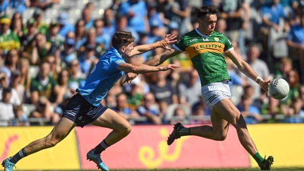 David Clifford of Kerry in action against Michael Fitzsimons of Dublin during the GAA Football All-Ireland Senior Championship Semi-Final match between Dublin and Kerry at Croke Park in Dublin. Photo by Ramsey Cardy/Sportsfile.
