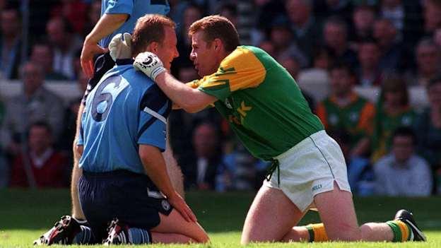 Mutual Respect! Keith Barr, left, of Dublin and Tommy Dowd of Meath after the GAA Senior Football Championship Quarter-Final match between Meath and Dublin at Croke Park in Dublin in 1997