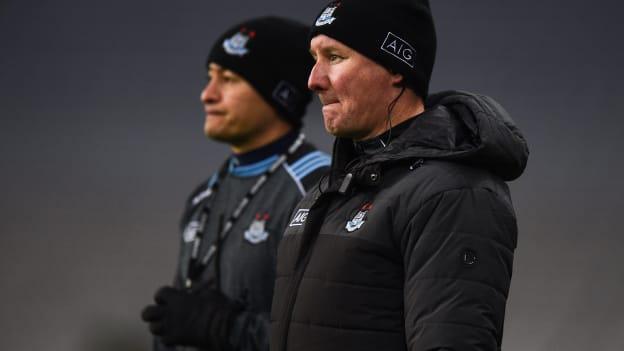 Dublin manager Jim Gavin, right, and forwards coach Jason Sherlock during the Allianz Football League Division 1 Round 6 match between Dublin and Tyrone at Croke Park in Dublin. 