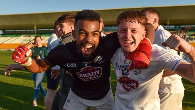 Aaron O'Neill and Tony Archbold celebrate at Bord Na Mona O'Connor Park.