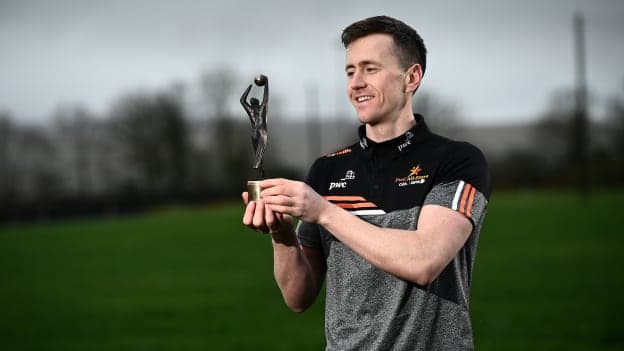 Cillian O'Connor with his PwC GAA/GPA Football Player of the Month Semi-Finals Award at Ballintubber GAA Club in Ballintubber, Co Mayo. 