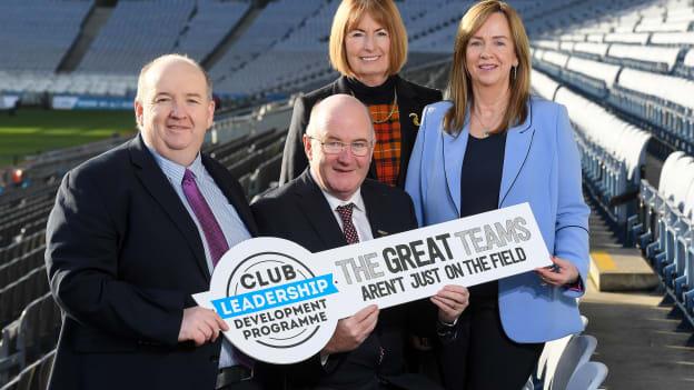Uachtarán Chumann Lúthchleas Gael John Horan, with, from left, Paddy Flood, Chairman of the National Officer Development Committee, Kathleen Woods, President of the Camogie Association, and Helen O’Rourke, CEO of the Ladies Gaelic Football Association, in attendance at the launch of the Club Leadership Development Programme 2020 at Croke Park in Dublin.