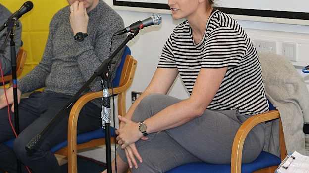Mags D'Arcy speaking at Enniscorthy Vocational College.