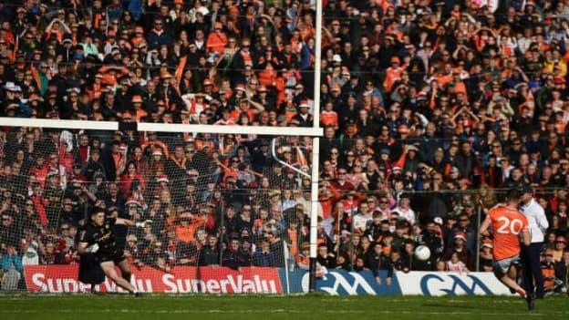 Callum Cumiskey of Armagh scores a penalty past Derry goalkeeper Odhran Lynch during the Ulster GAA Football Senior Championship Final match between Armagh and Derry at St Tiernach’s Park in Clones, Monaghan. Photo by Harry Murphy/Sportsfile.