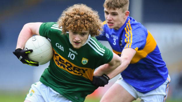  Paul Walsh, Kerry, and Shane Lowe, Tipperary, in Electric Ireland Munster Minor Football Championship action at Semple Stadium.