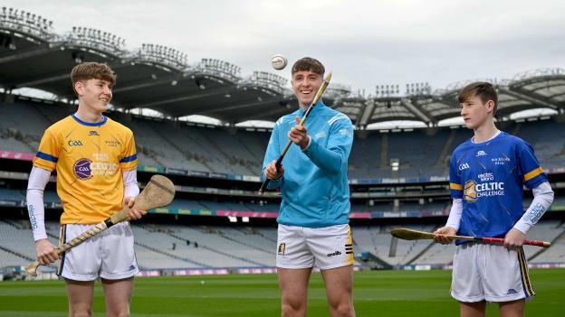 Kilkenny hurler Darragh Corcoran, centre, with Wicklow Gold hurler Feilim Lynch Ward, left, and Wicklow Blue hurler Finian Hughes at the 2023 Electric Ireland Celtic Challenge at Croke Park in Dublin. 
