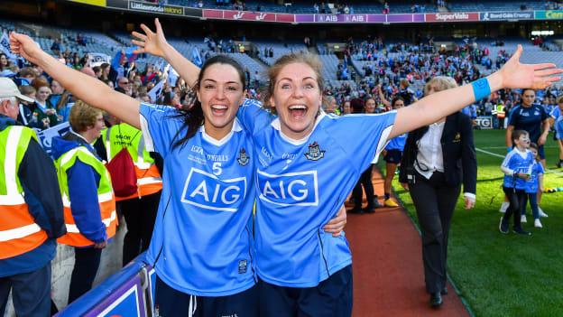 Dublin's Sinead Goldrick (l) and Sinead Finnegan celebrate after victory over Cork in the 2018 All-Ireland Ladies Senior Football Final. 