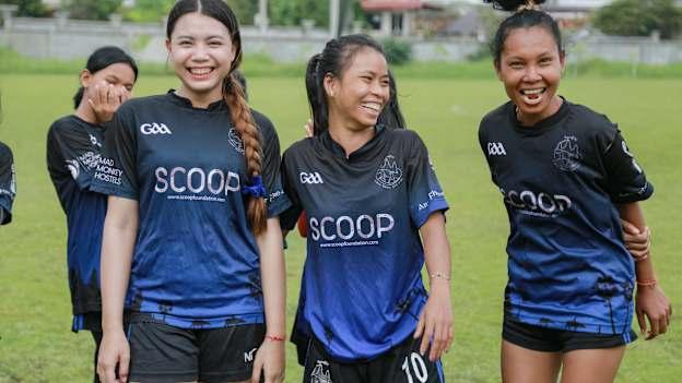 Cairde Khmer players Thur Sreypov, Souen “Tiny” Sreytoch and Lun Athena pictured before a match against Orang Eire in 2022. 