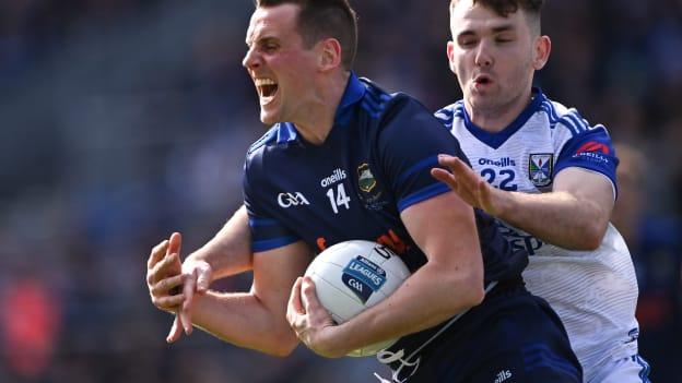 Conor Sweeney, Tipperary, and Evan Finnegan, Cavan, during the Allianz Football League Division Four Final at Croke Park.