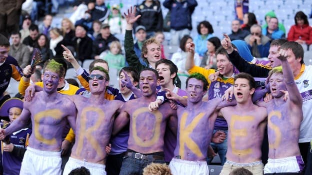 Kilmacud Crokes fans, from left to right, Conor Clinton, Ronan Walsh, Craig Dias, Cian McGowan, Niall Colleran and Daniel Kennedy celebrate late in the game during the 2009 AIB All-Ireland SFC Final against Crossmaglen Rangers.