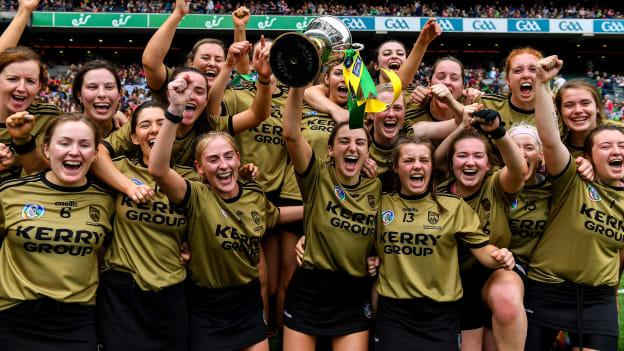 Kerry players celebrating after capturing the All Ireland Premier Junior Camogie title at Croke Park.