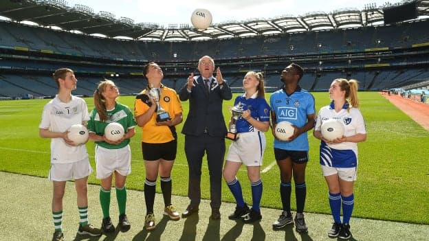 Uachtarán Chumann Lúthchleas Gael John Horan, with from left, Dylan Melia, Caitlin Mulligan, Teo Marris, Casey Fulton, Ywon Ibikunle and Aoibheann Brennan at the launch of the M. Donnelly GAA Football for ALL Interprovincial Finals at Croke Park in Dublin. 