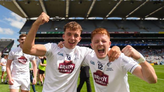 Brian McLoughlin (left) and Tony Archbold of Kildare celebrate after victory over Mayo in the EirGrid All-Ireland U-20 Football Final. 