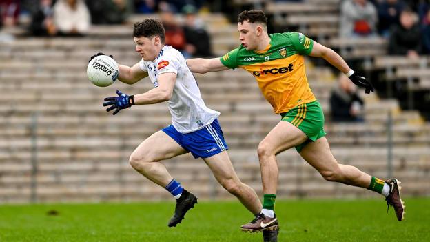 Stephen O'Hanlon of Monaghan in action against Caolan McColgan of Donegal during the Allianz Football League Division One match between Monaghan and Donegal at St Tiernach's Park in Clones, Monaghan. Photo by Ramsey Cardy/Sportsfile.