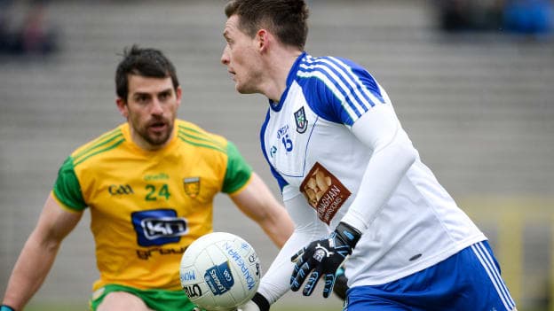 Conor McManus, Monaghan, and Paddy McGrath, Donegal in action at Clones.