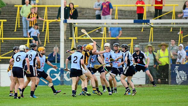 Dublin players surround Kilkenny captain Colin Fennelly as he charges goalwards in the last seconds of the 2013 Leinster SHC semi-final replay. 