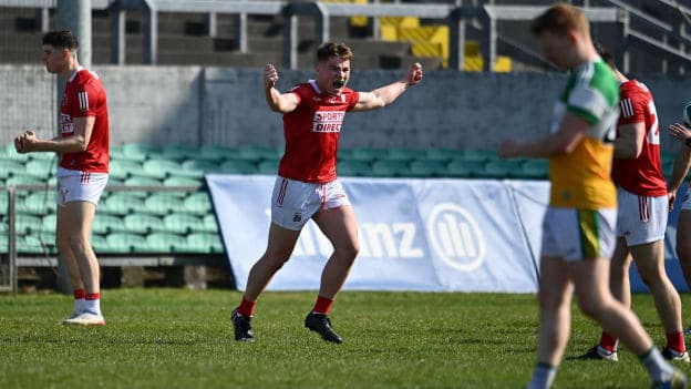 Eoghan McSweeney celebrates at the final whistle after Cork edged out Offaly Bord na Móna O'Connor Park. 