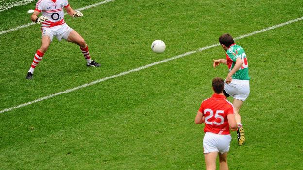 Kevin McLoughlin scores a goal for Mayo against Cork in the 2011 All-Ireland SFC Quarter-Final at Croke Park. Photo by Daire Brennan/Sportsfile