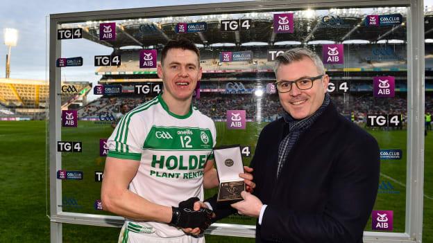 TJ Reid of Ballyhale Shamrocks is presented the Man of the Match award by Mark Doyle, Chief Marketing Officer, AIB, following the AIB GAA Hurling All-Ireland Senior Club Championship Final between Ballyhale Shamrocks and Borris-Ileigh at Croke Park in Dublin. 