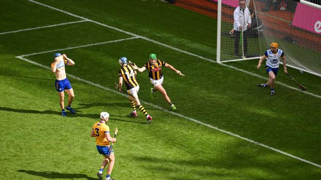 Eoin Cody of Kilkenny celebrates with team-mate TJ Reid after scoring a second-half goal against Clare in the All-Ireland SHC semi-final. 