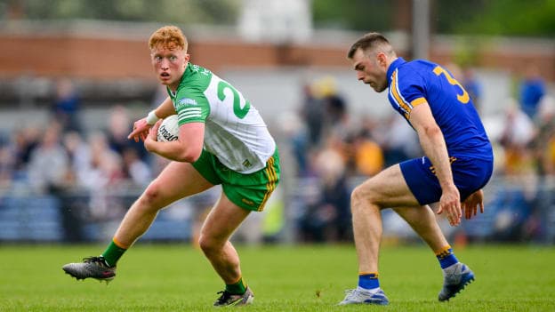 Oisin Gallen, Donegal, and Cillian Brennan, Clare, in action at Cusack Park. Photo by Ray McManus/Sportsfile
