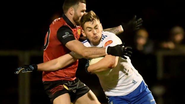 Micheal Bannigan, Monaghan, and Mark Walsh, Down, in Dr McKenna Cup action.