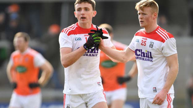 Mark Collins, left, and Damien Gore of Cork following the Allianz Football League Division 2 Round 7 match between Armagh and Cork at the Athletic Grounds in Armagh.