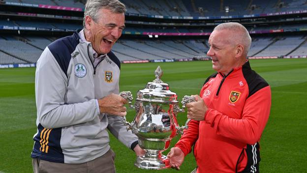 Meath manager Colm O'Rourke, left, and Down selector Mickey Donnelly during the 2023 Tailteann Cup Pre-Final media event at Croke Park in Dublin. Photo by Piaras Ó Mídheach/Sportsfile
