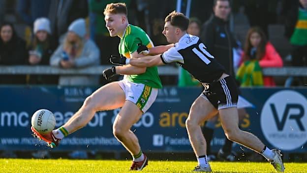 Ethan Doherty of Glen in action against Ceilum Doherty of Kilcoo during the AIB Ulster GAA Football Senior Club Championship Final match between Glen Watty Graham's of Derry and Kilcoo of Down at the Athletics Grounds in Armagh. 