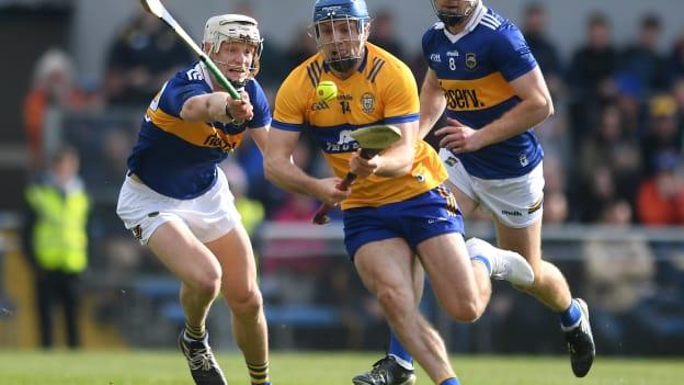 Shane O'Donnell of Clare is tackled by Bryan O Mara of Tipperary during the Munster GAA Hurling Senior Championship Round 1 match between Clare and Tipperary at Cusack Park in Ennis, Clare. Photo by John Sheridan/Sportsfile.