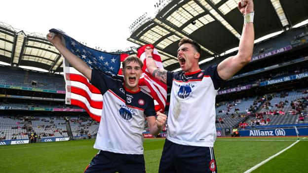 Shay McElligot and Conor Mathers celebrate following New York's All-Ireland JFC Final win over Kilkenny at Croke Park. Photo by David Fitzgerald/Sportsfile