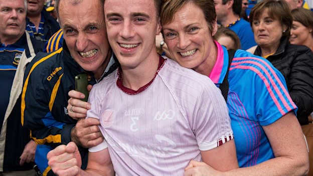 Alan Campbell with his parents Patty and Tommy after Tipperary defeated Galway in the All Ireland SFC Quarter-Final in July.