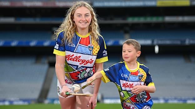 Antrim camogie player Roisin McCormick and Oisín Lally, age 7 from Caltra GAA, Galway, during the Launch of the 2022 Kellogg’s GAA Cúl Camps at Croke Park in Dublin.