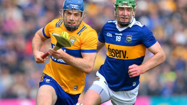 Shane O'Donnell, Clare, and Noel McGrath, Tipperary, in Munster SHC action at Cusack Park. Photo by Ray McManus/Sportsfile