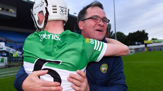 Offaly selector Johnny Pilkington celebrates with Brecon Kavanagh after their side's victory in the Electric Ireland GAA Hurling All-Ireland Minor Championship Semi-Final match between Offaly and Clare at FBD Semple Stadium in Thurles, Tipperary. 
