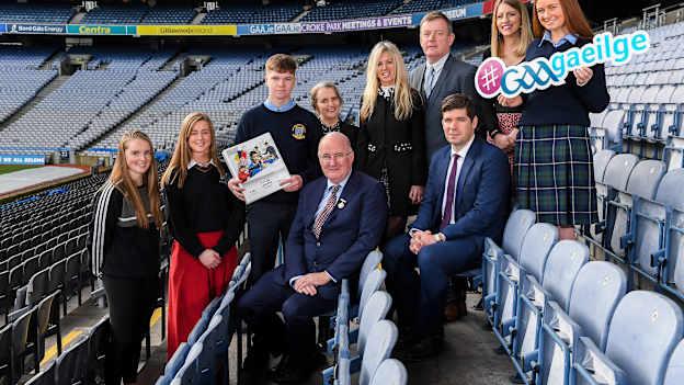 Uachtarán Chumann Lúthchleas Gael Seán Ó hÓráin, with, from left, Naomi Ní Chearbhaill, Emma Ní Chinnèide, Dónall Ó Cinnéide, Lís Ní Dhálaigh, Ciara O Donnell, Dónal Ó hAiniféin, former Kerry manager Eamonn Fitzmaurice, Máire Treasa Ní Dhubhghaill agus Lilí Ní Bhrádaigh during the GAA / PDST Future Leaders Leagan Gaeilge launch at Croke Park in Dublin. 