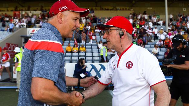 Cork manager Ronan McCarthy and Tyrone boss Mickey Harte following a Round Four All Ireland SFC Qualifier in 2018.
