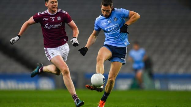 Dean Rock, Dublin, and Tom Flynn, Galway, during a 2019 Allianz Football League Division One clash at Croke Park.