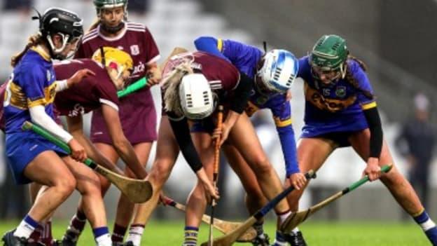 Galway and Tipperary players battle for possession in the 2020 Liberty Insurance All-Ireland Camogie semi-final.