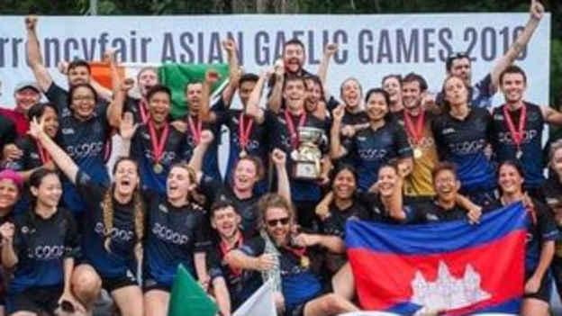 Cáirde Khmer men and womens squads celebrating the men's Junior Championship success at the Asian Gaelic Games in Malaysia in 2019.  