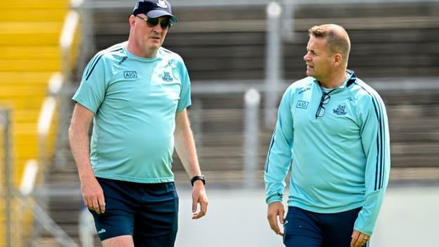 Dublin manager Dessie Farrell, right, and selector Pat Gilroy before the GAA Football All-Ireland Senior Championship Round 3 match between Dublin and Sligo at Kingspan Breffni in Cavan. Photo by Ramsey Cardy/Sportsfile.